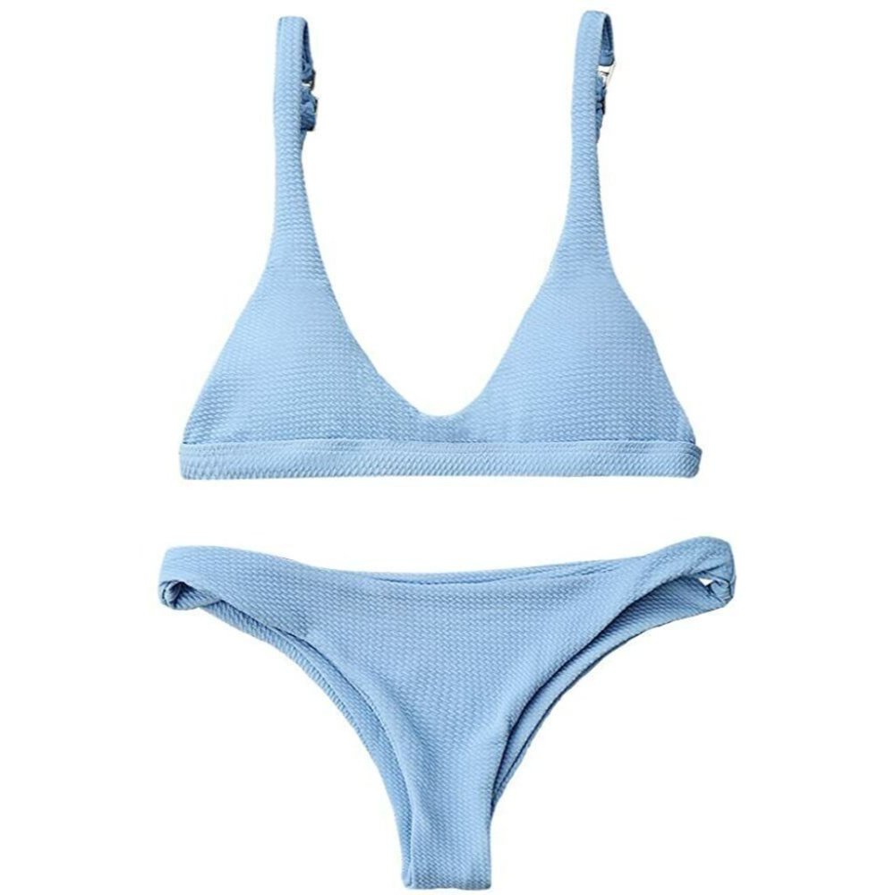 2-PiecescWomen Padded Scoop Neck Push Up Swimsuit Revealing Thong Bikini Bra